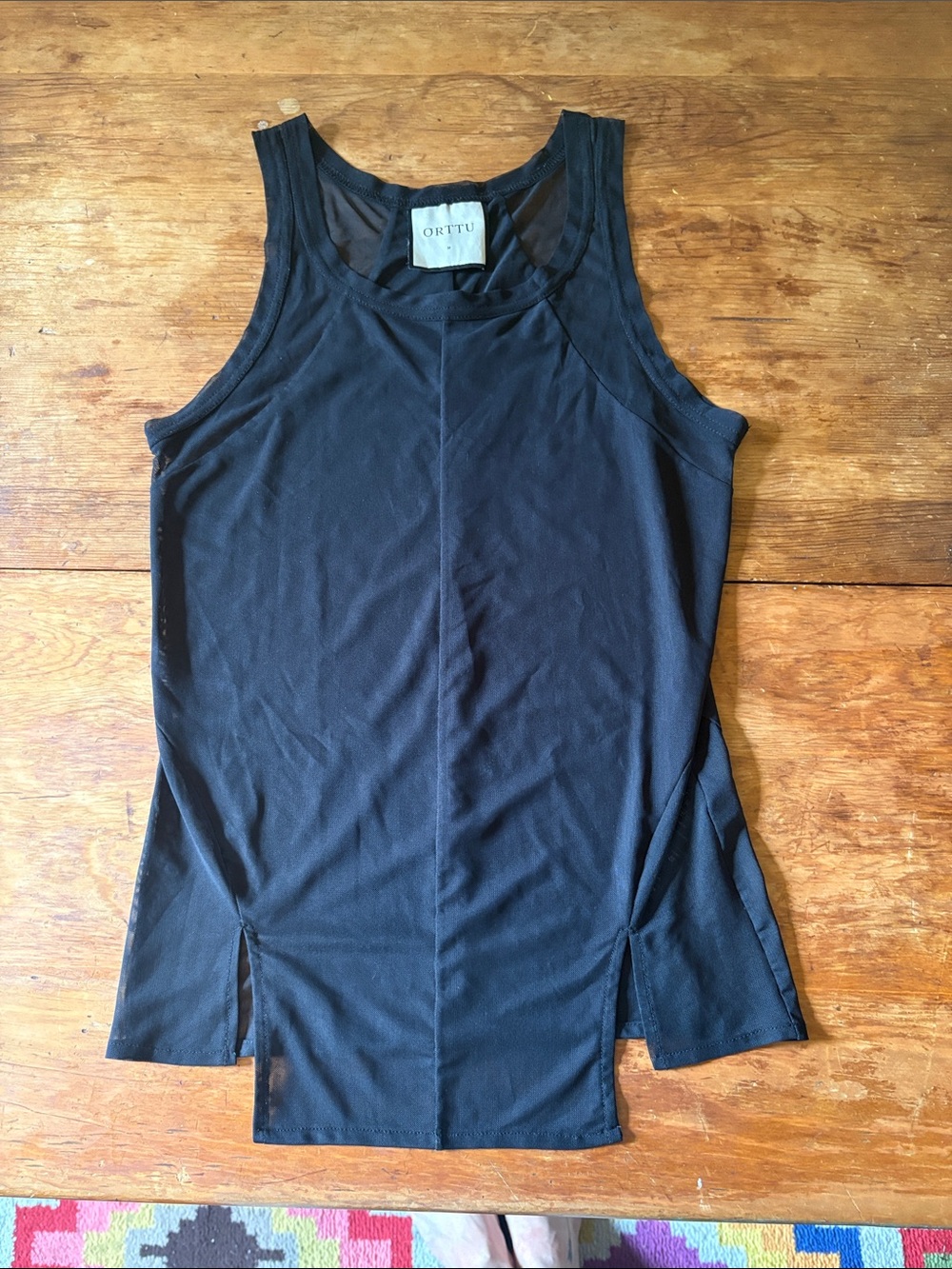 ORTTU Black Sleeveless Tank with Mesh Yoke and Side Slits